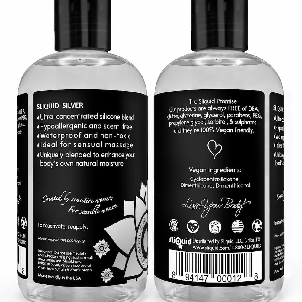 Sliquid Silver 8.5 oz bottle labels showing ingredients, directions and USA origin