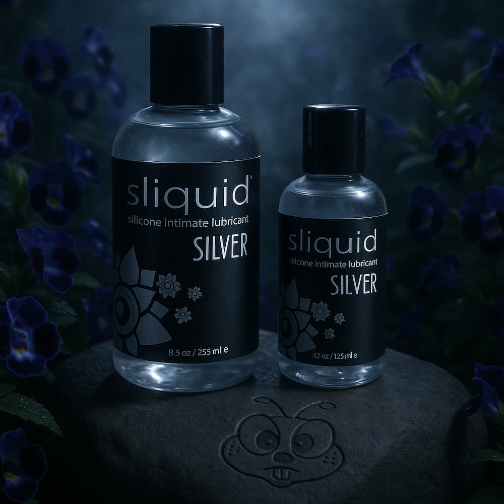 Two Sliquid Silver bottles on a dark stone display with purple flowers