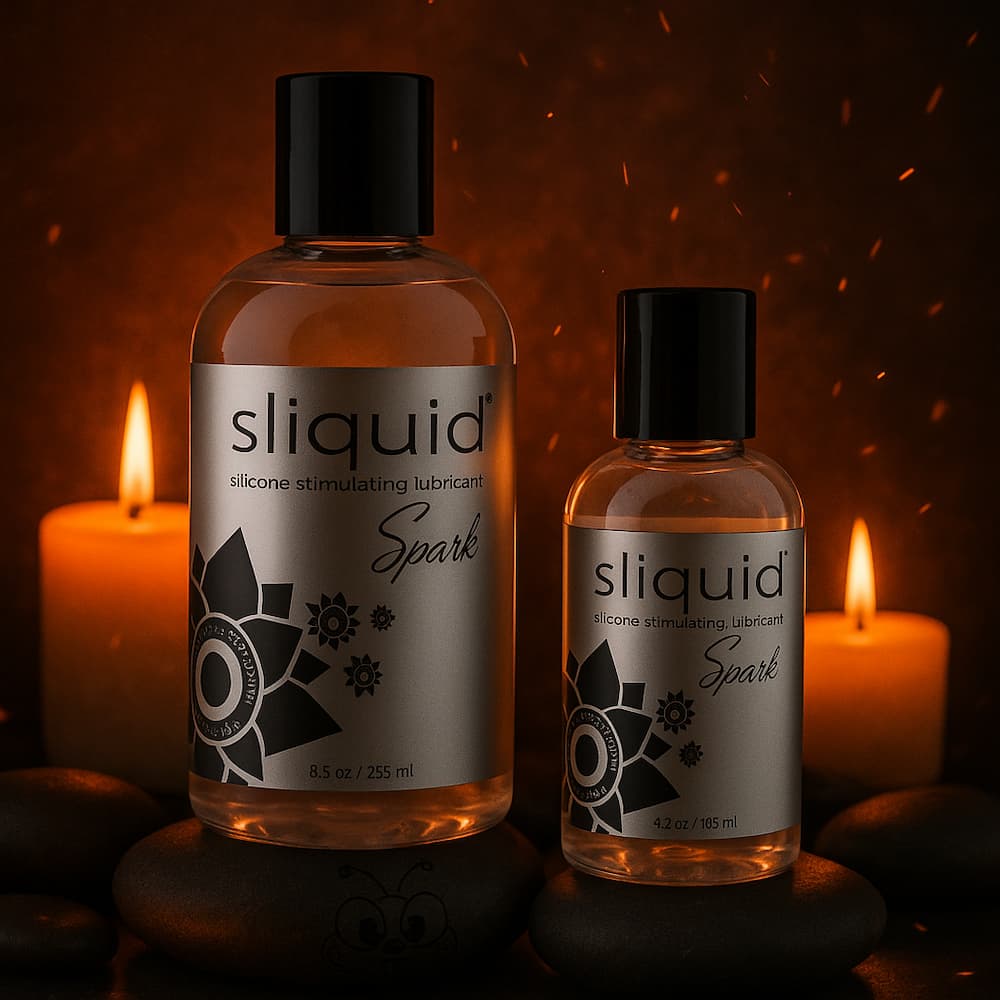 Sliquid Spark bottles on stones beside candles
