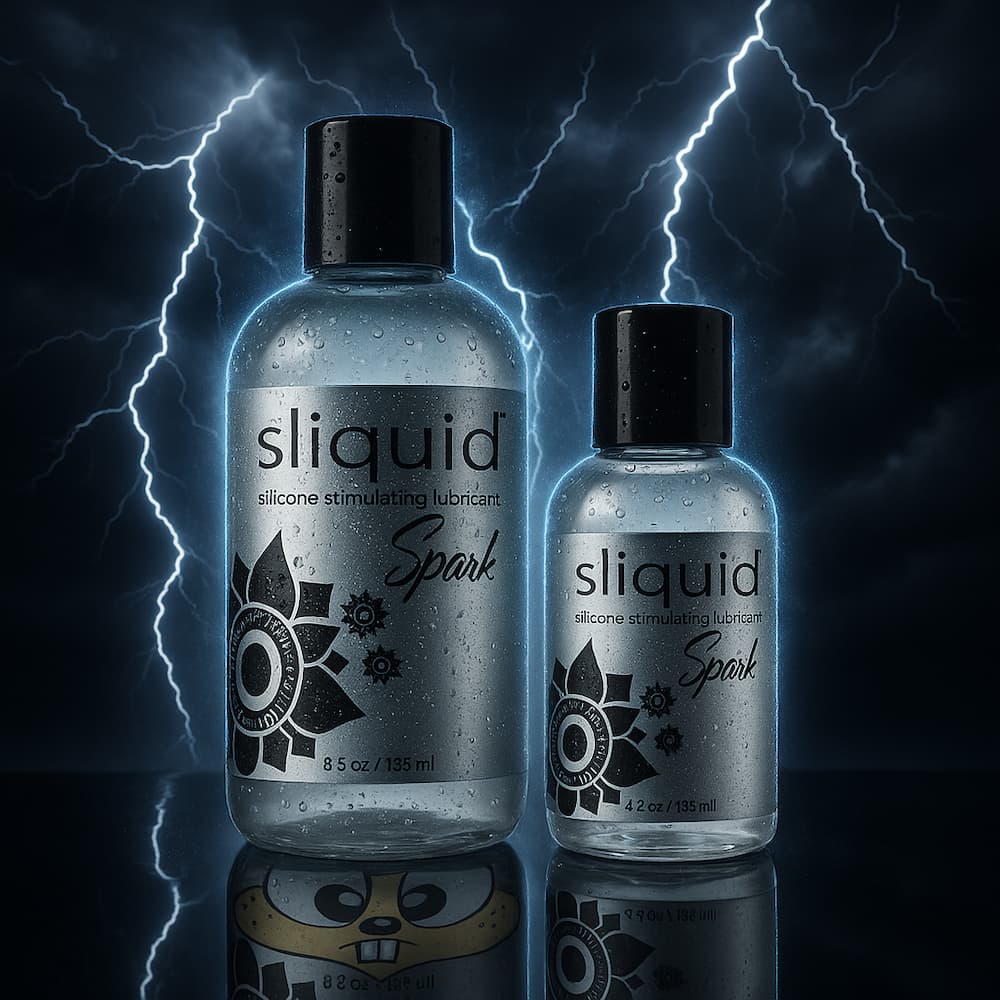 Sliquid Spark bottles against a blue lightning background