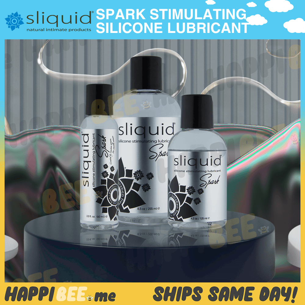 Sliquid Spark bottle sizes in a Happibee promotional graphic