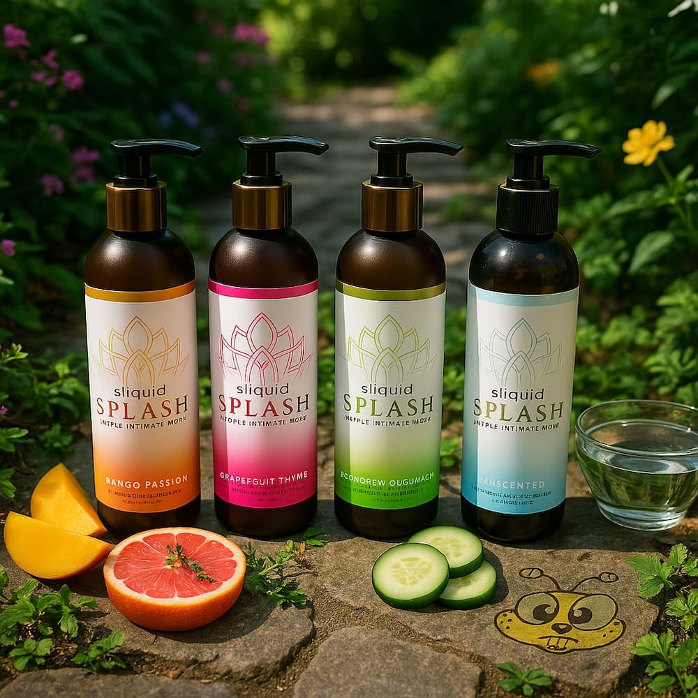 Sliquid Splash scent collection beside mango, grapefruit and cucumber