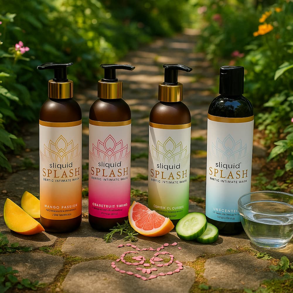 Four Sliquid Splash wash bottles displayed with fruit on a garden path