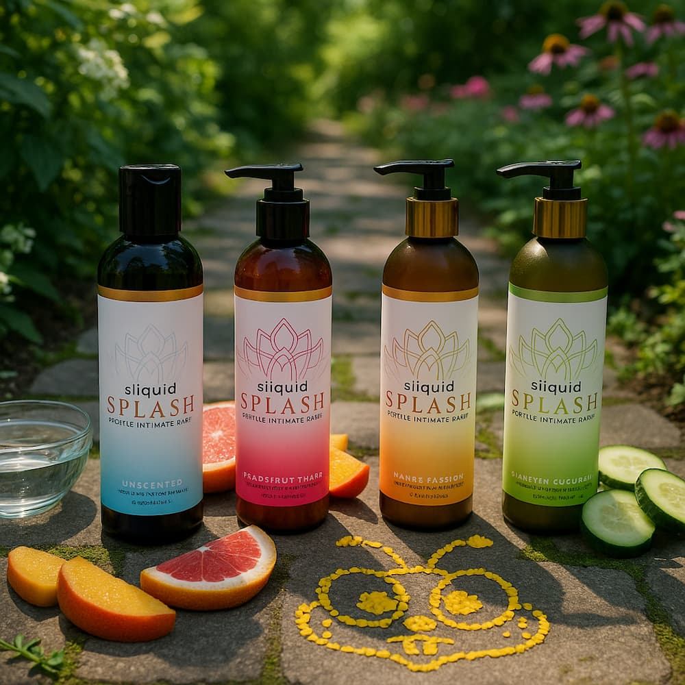 Four Sliquid Splash feminine washes with fruit and water in a garden setting