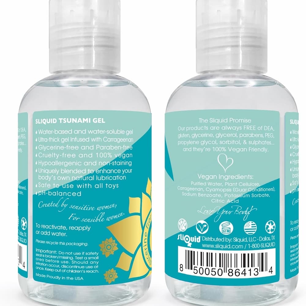 Sliquid Tsunami back labels showing ingredients and barcode