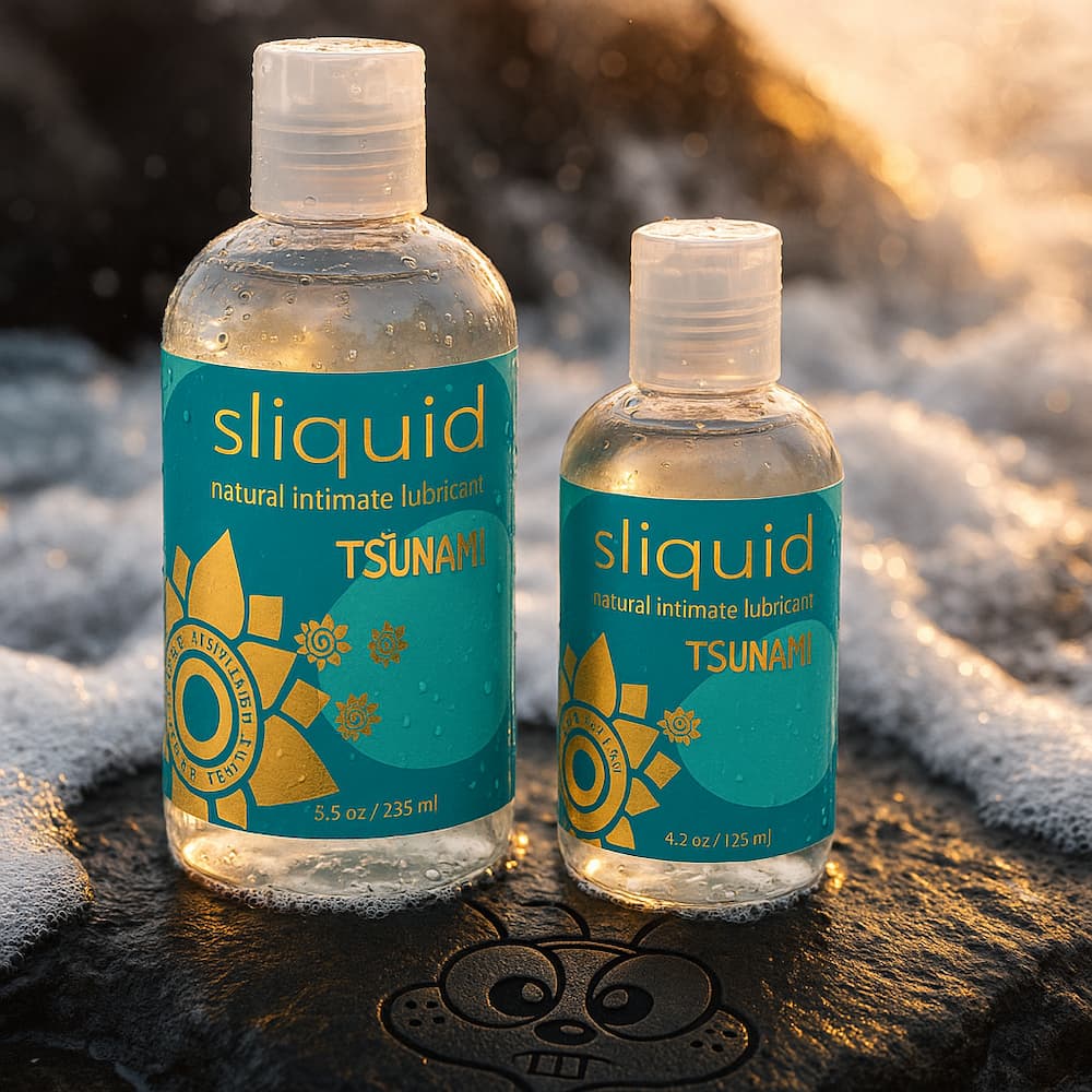 Two Sliquid Tsunami bottles on a coastal rock in warm light