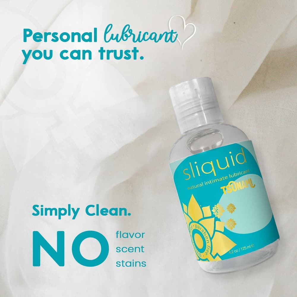 Sliquid Tsunami bottle on white fabric with product feature text