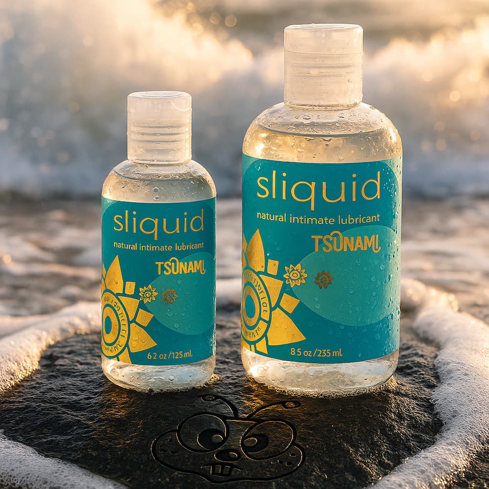 Sliquid Tsunami bottles on a rock with ocean waves in the background