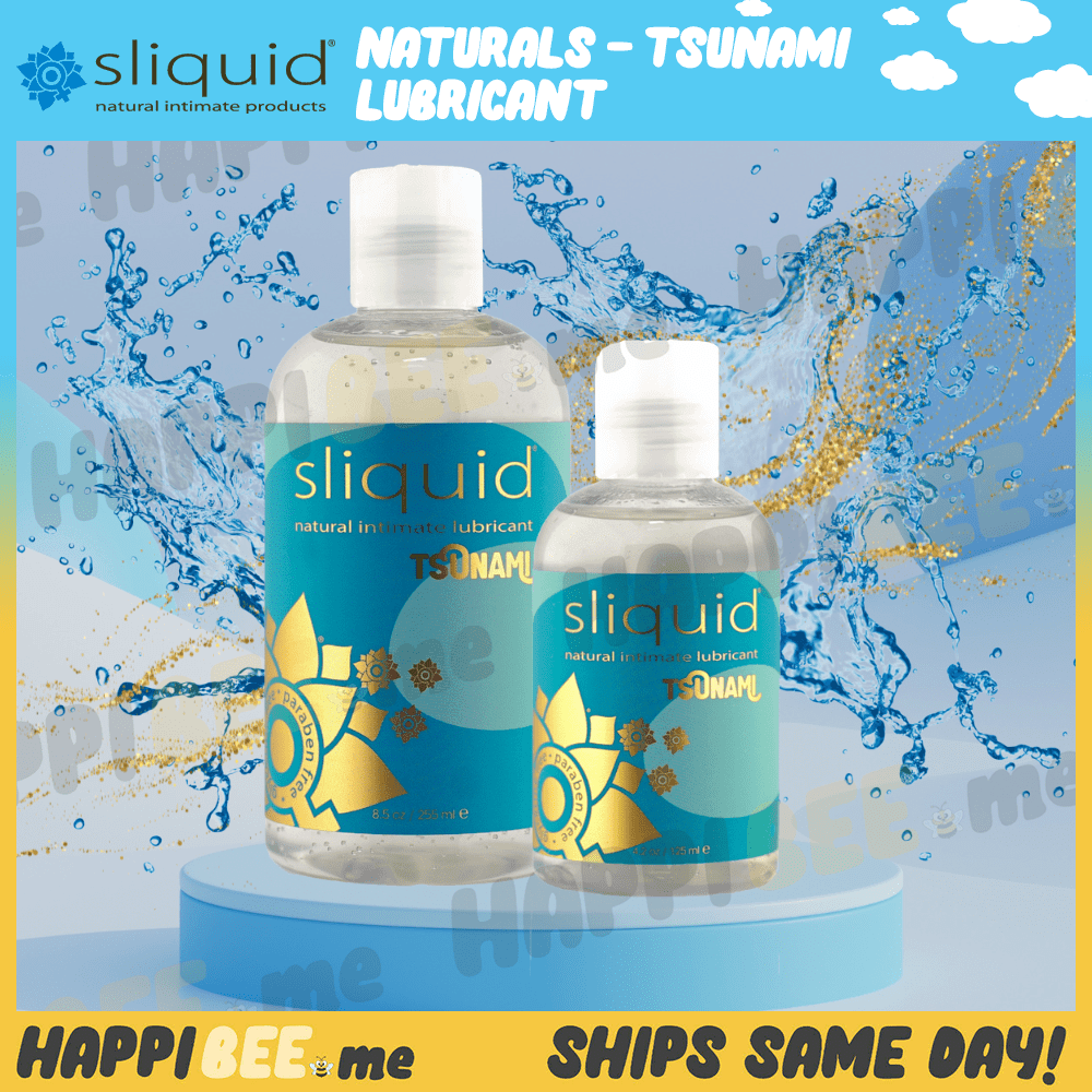 Sliquid Tsunami bottle sizes in a Happibee promotional graphic