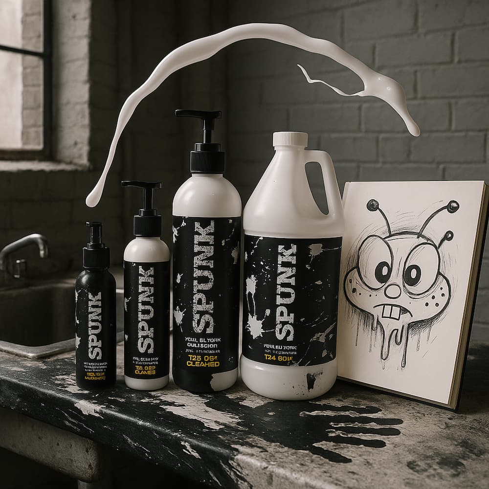 SPUNK Hybrid lubricant bottles and jugs in a bathroom scene with a white splash