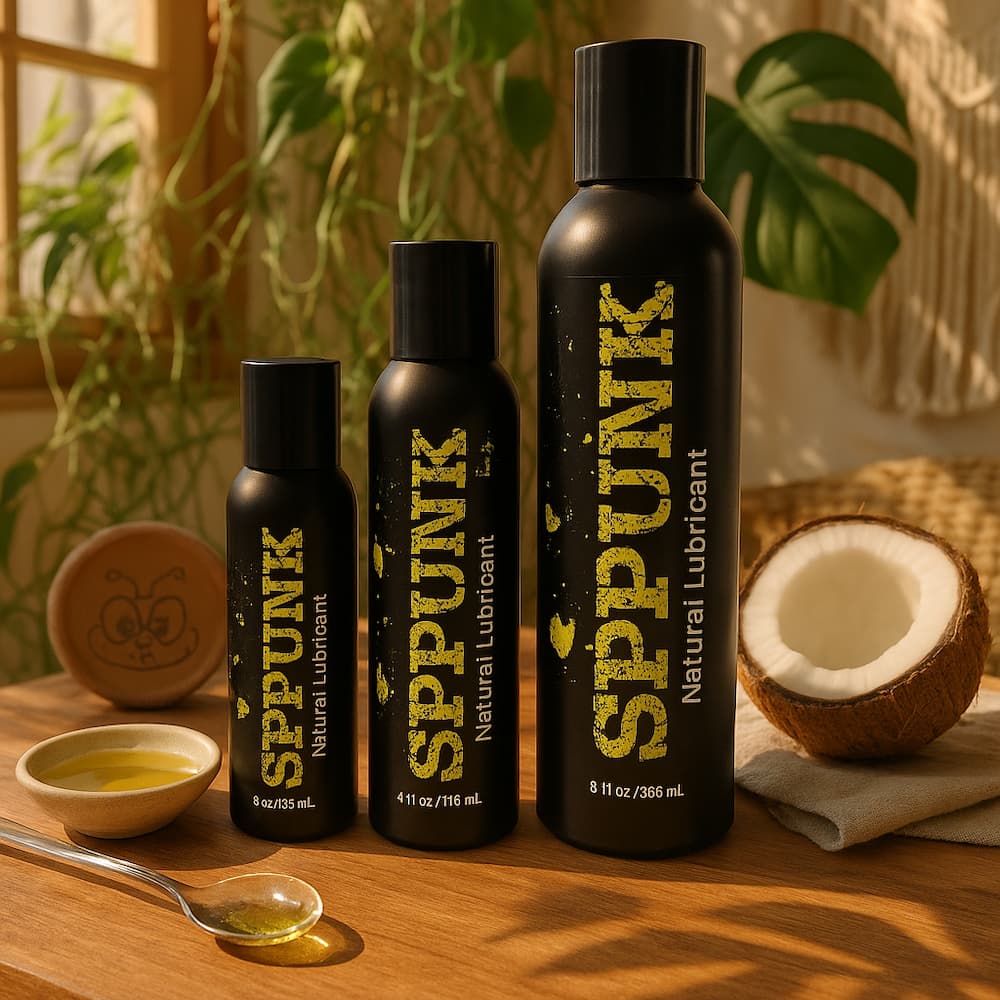 SPUNK Natural bottle sizes displayed beside a halved coconut and a bowl of oil