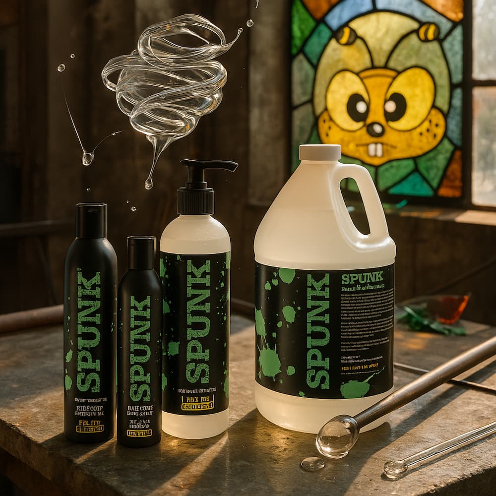 SPUNK Pure Silicone bottles and jug on a table beside glass objects and a stained-glass window