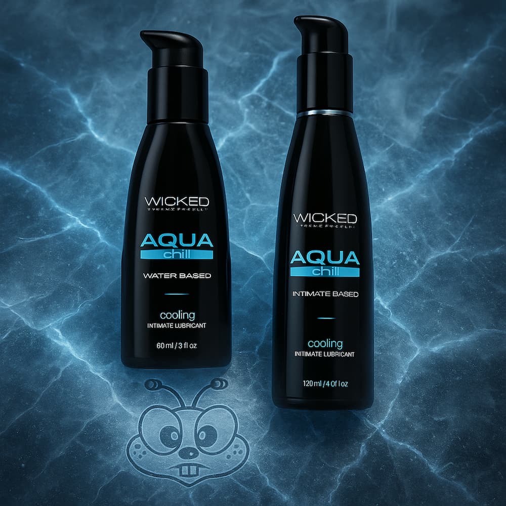 Two Wicked Aqua Chill pump bottles against a blue water-pattern background