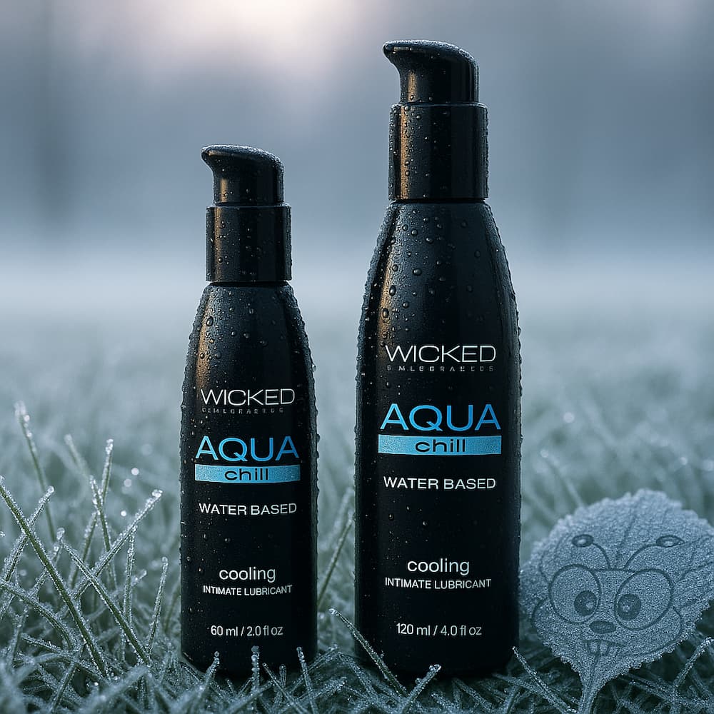 Wicked Aqua Chill cooling lubricant bottles in 2 oz and 4 oz sizes on frosted grass