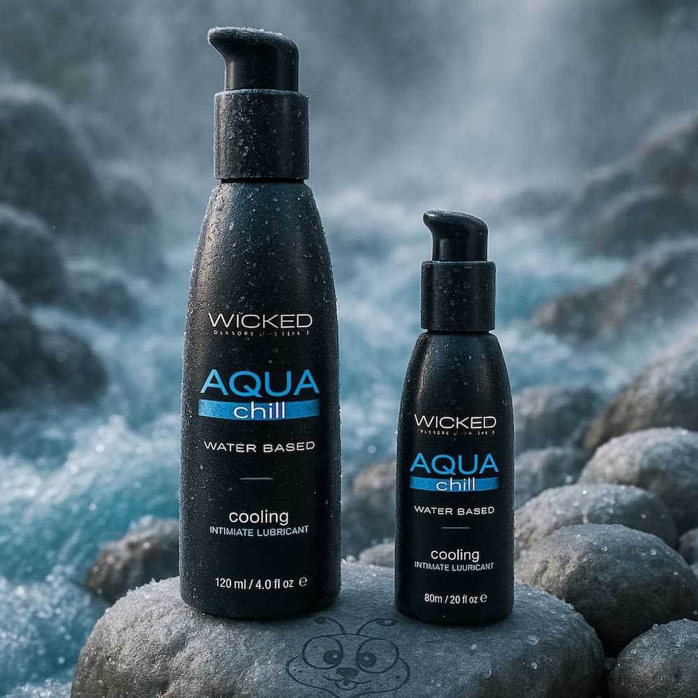 Wicked Aqua Chill cooling lubricant bottles on frosted rocks beside flowing water