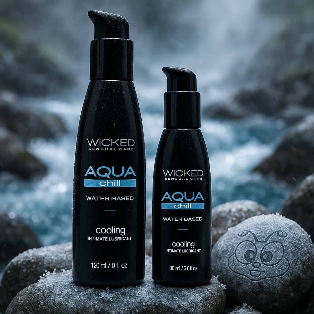 Two Wicked Aqua Chill cooling lubricant bottles on rocks beside a stream