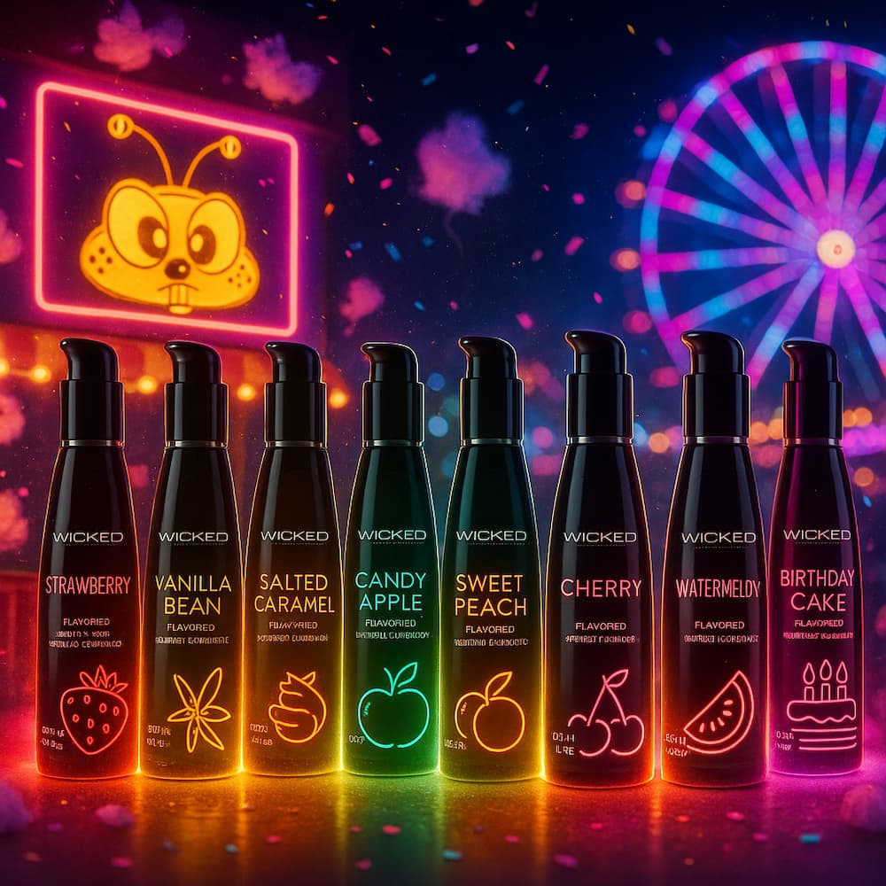 Wicked flavored lubricant selection illustrated against a colorful carnival backdrop