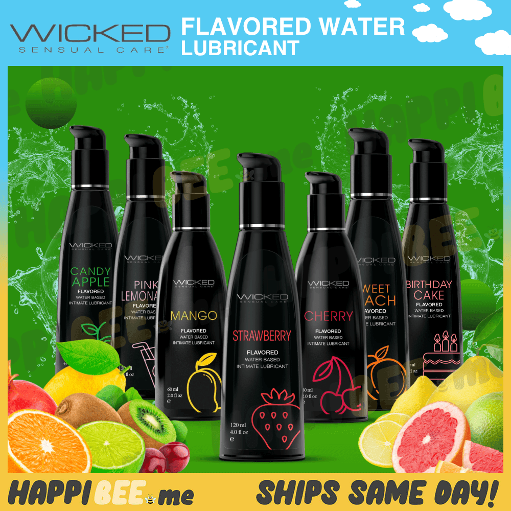 Wicked flavored lubricant bottles with fruit illustrations and Happibee same-day shipping promotion