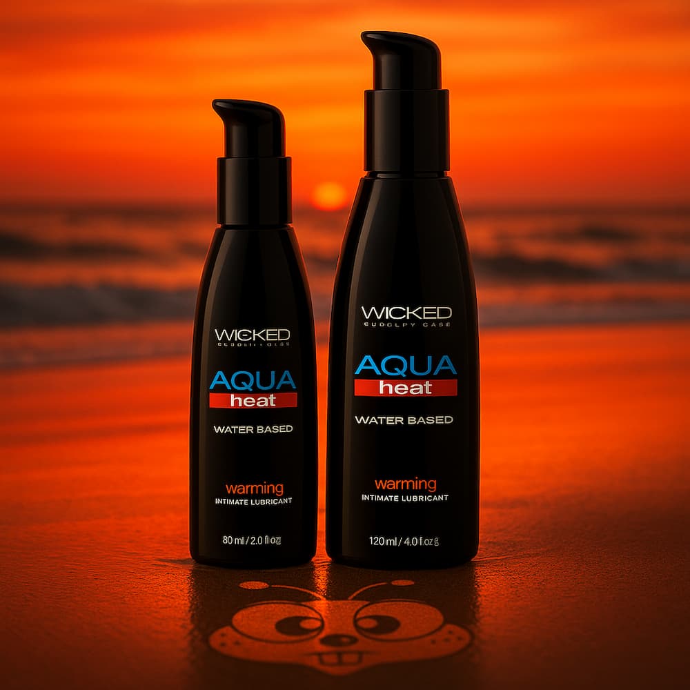 Wicked Aqua Heat bottle illustration on a beach at sunset