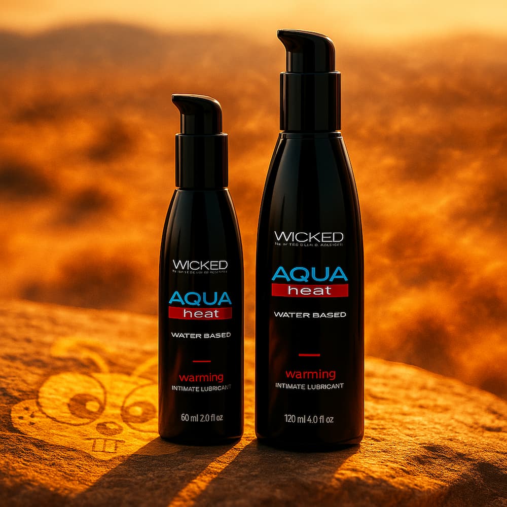 Wicked Aqua Heat warming lubricant bottles on a sunlit rock in a golden landscape
