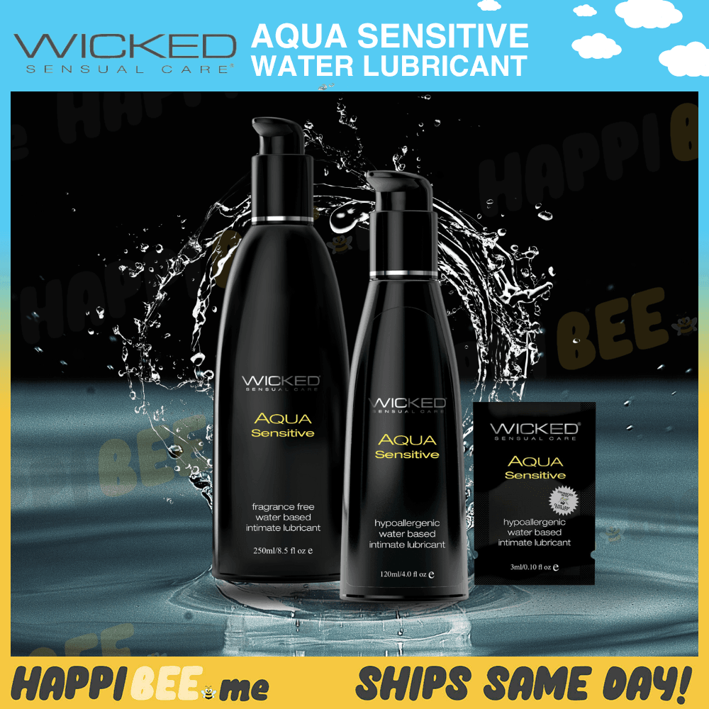 Wicked Aqua Sensitive bottle and sample packaging in a Happibee promotional graphic