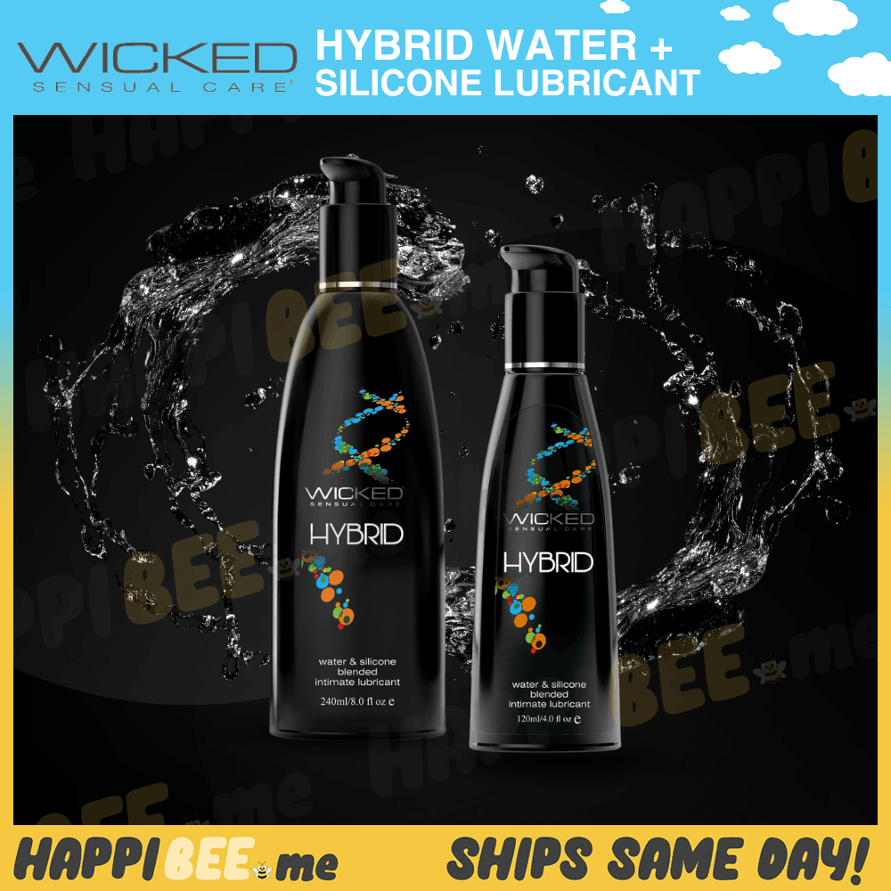 Wicked Hybrid 4 oz and 8 oz bottles in a Happibee promotional graphic