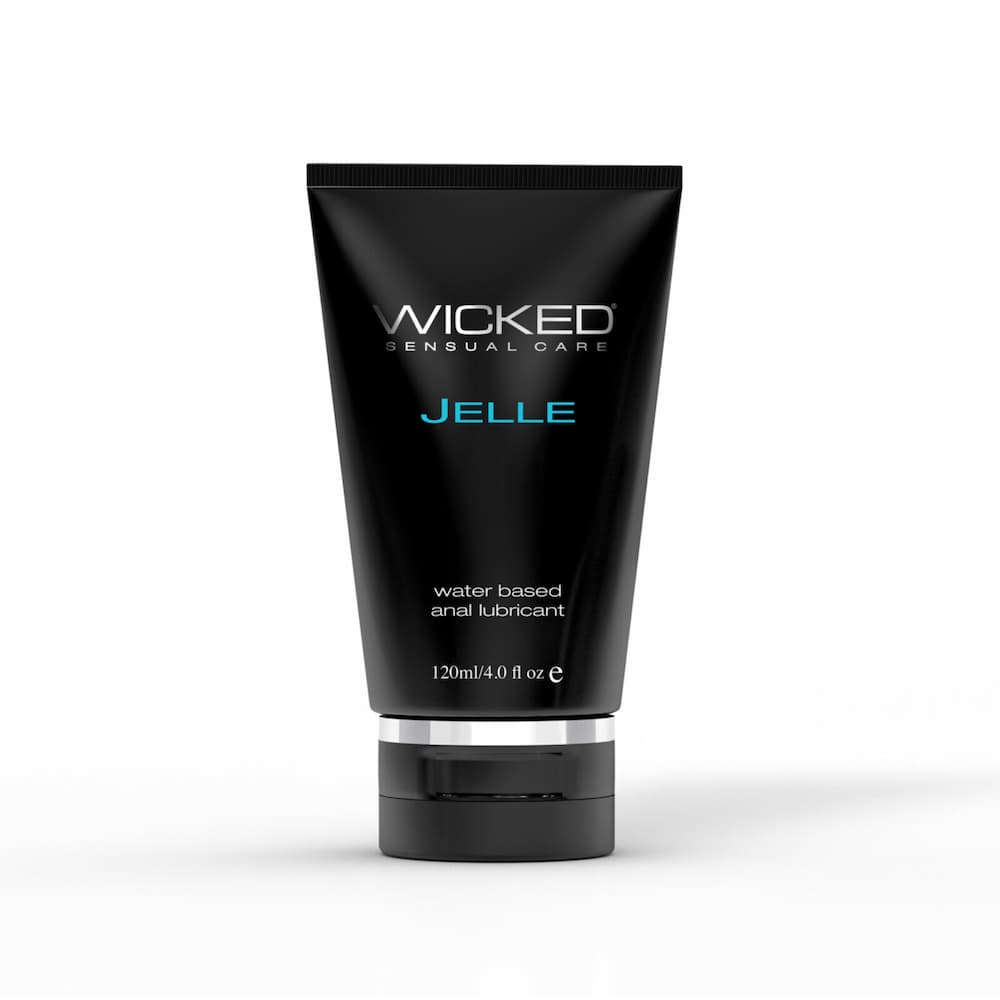 Wicked Jelle water-based anal lubricant, 4 fl oz black tube viewed from the front