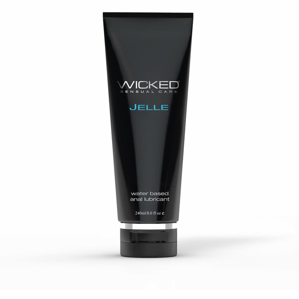 Wicked Jelle water-based anal lubricant, 8 fl oz black tube viewed from the front