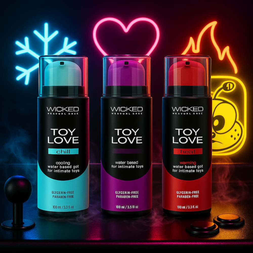 Wicked Toy Love original, cooling and warming bottles with neon heart, snowflake and flame artwork