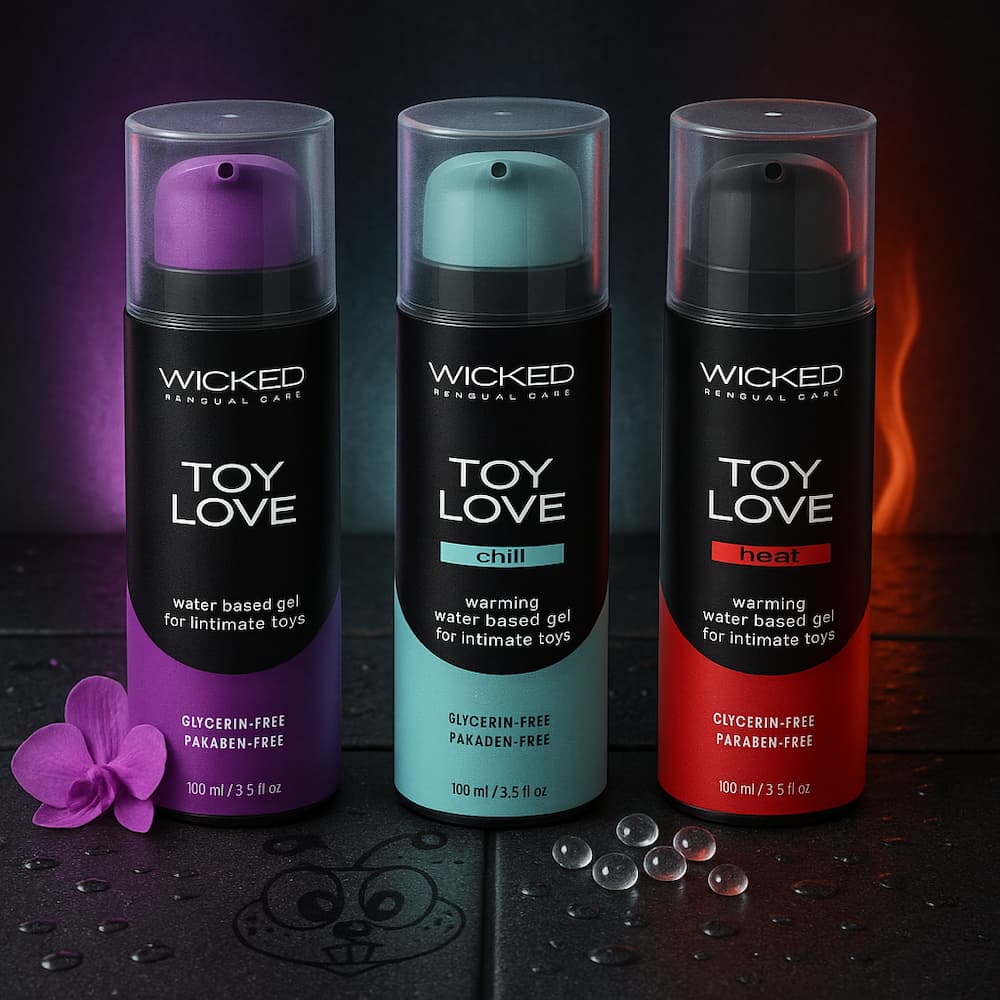 Wicked Toy Love lubricant trio on a dark surface with a flower and droplets