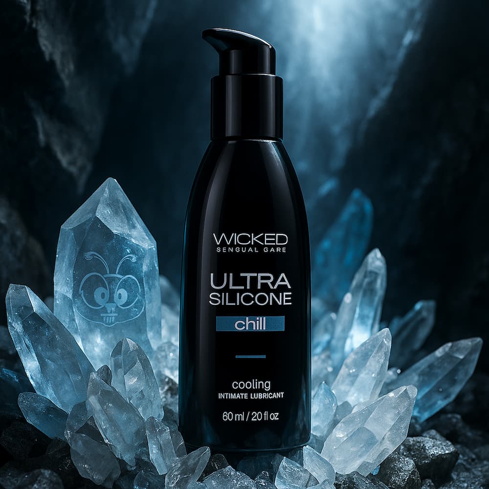 Wicked Ultra Chill cooling silicone lubricant pump bottle surrounded by blue ice crystals