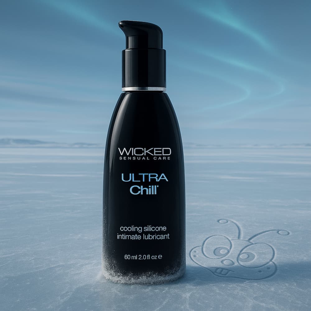 Wicked Ultra Chill 60 ml cooling lubricant bottle on an icy blue surface beside the Happibee logo