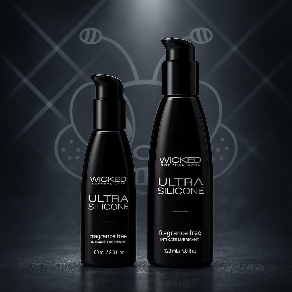 Wicked Ultra 2 oz and 4 oz silicone lubricant bottles against a Happibee backdrop