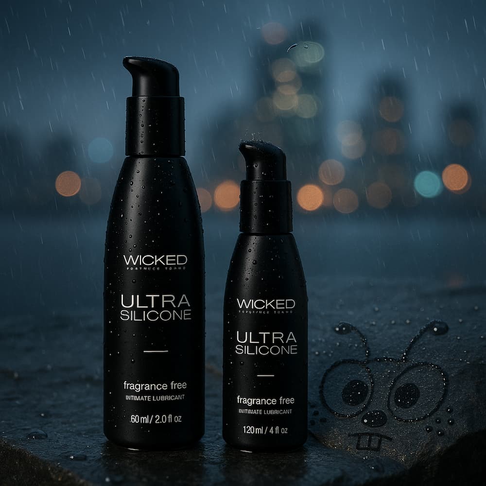 Two Wicked Ultra silicone lubricant pump bottles in a rainy city scene