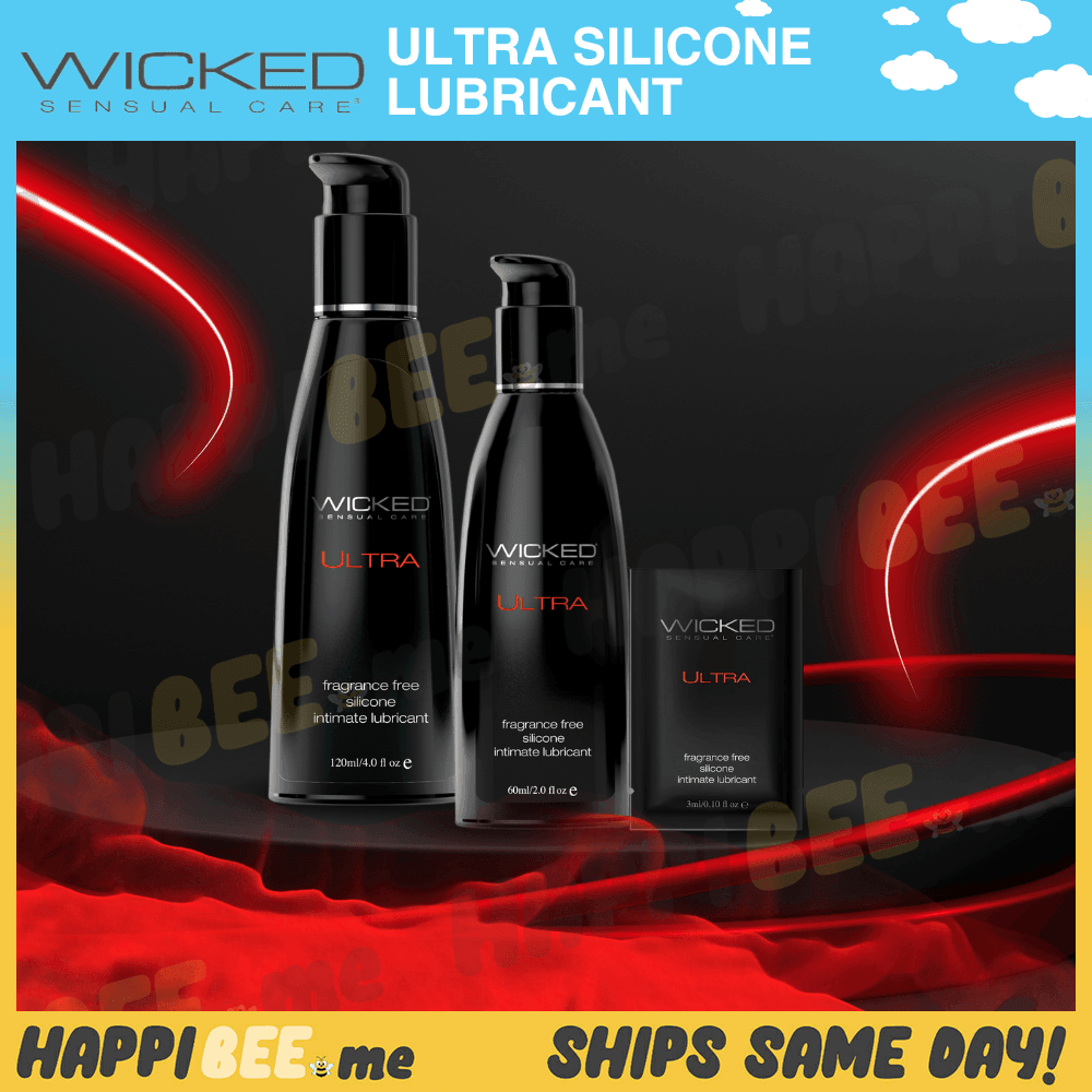 Wicked Ultra bottles and sample sachet in a Happibee promotional graphic