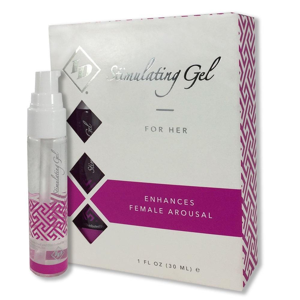 ID Stimulating Gel for Her pump bottle beside its 1 fl oz carton on a white background