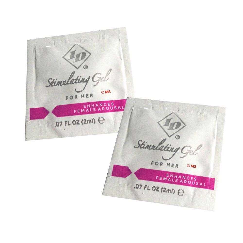 Two ID Stimulating Gel for Her sample sachets labeled 0.07 fl oz (2 ml)