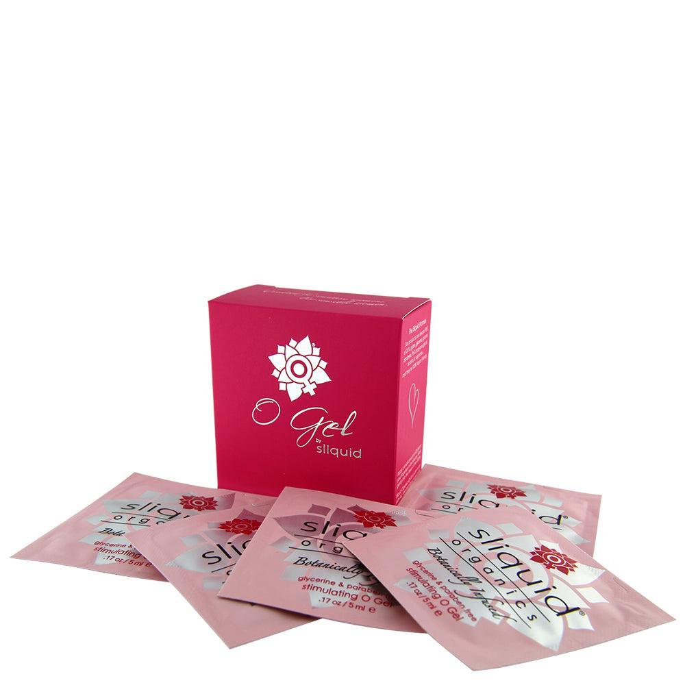 Sliquid O Gel sample sachets displayed with their pink box