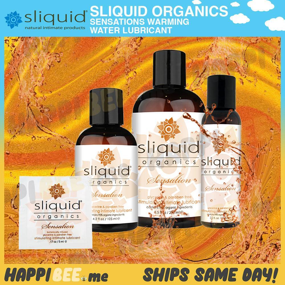 Sliquid Organics Sensation bottle and sample range on an orange promotional graphic
