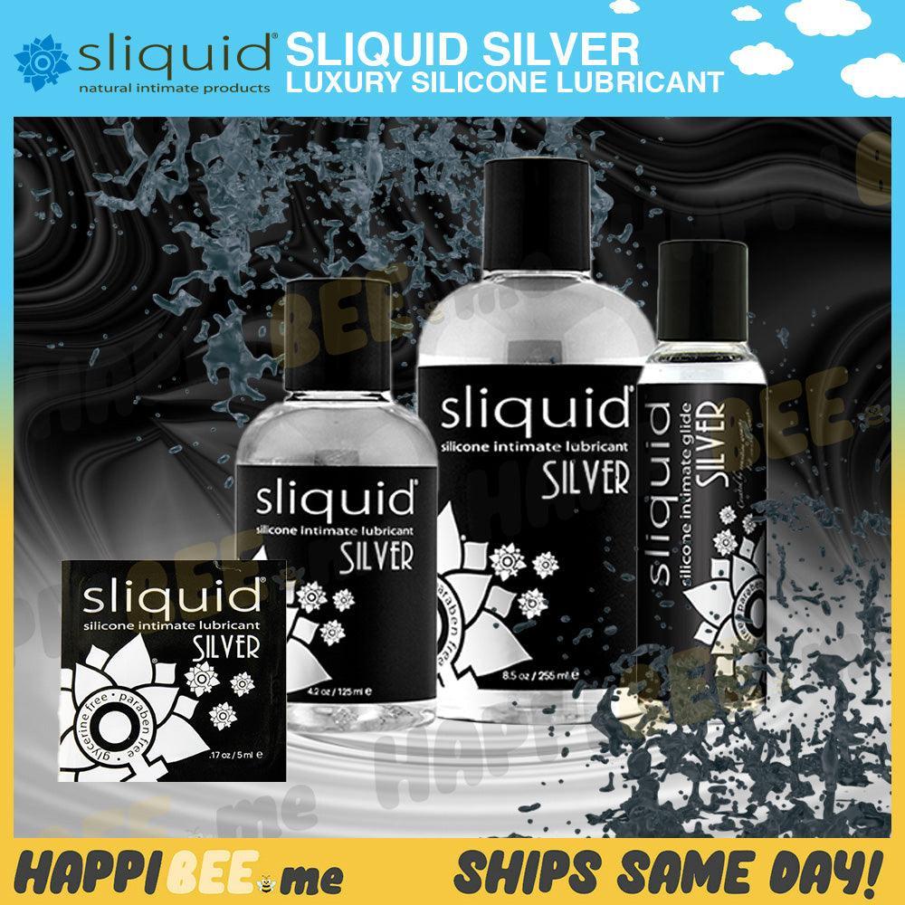 Happibee promotional graphic showing Sliquid Silver bottles and samples