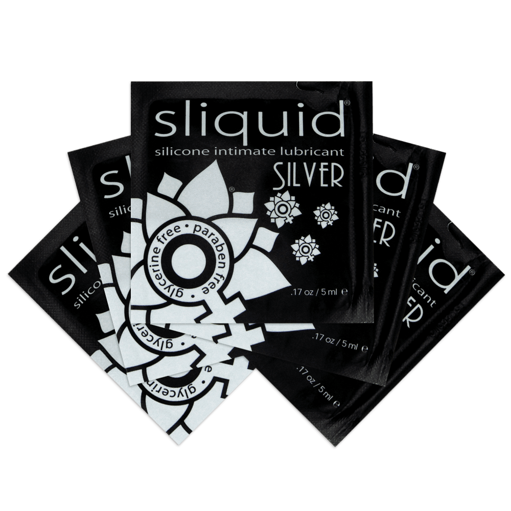 Sliquid Silver sample sachets arranged in a fan