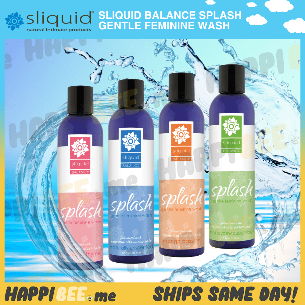 Happibee promotional graphic showing four Sliquid Splash scent options
