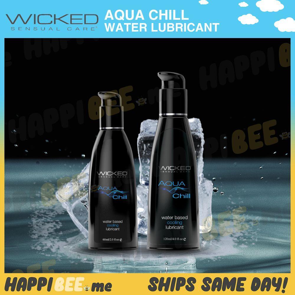 Wicked Aqua Chill 2 oz and 4 oz bottles with ice in a Happibee promotional graphic