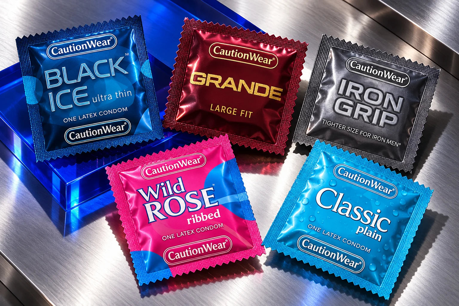 Five sealed Caution Wear styles: Classic, Black Ice, Wild Rose, Grande, and Iron Grip, arranged on a metal surface.
