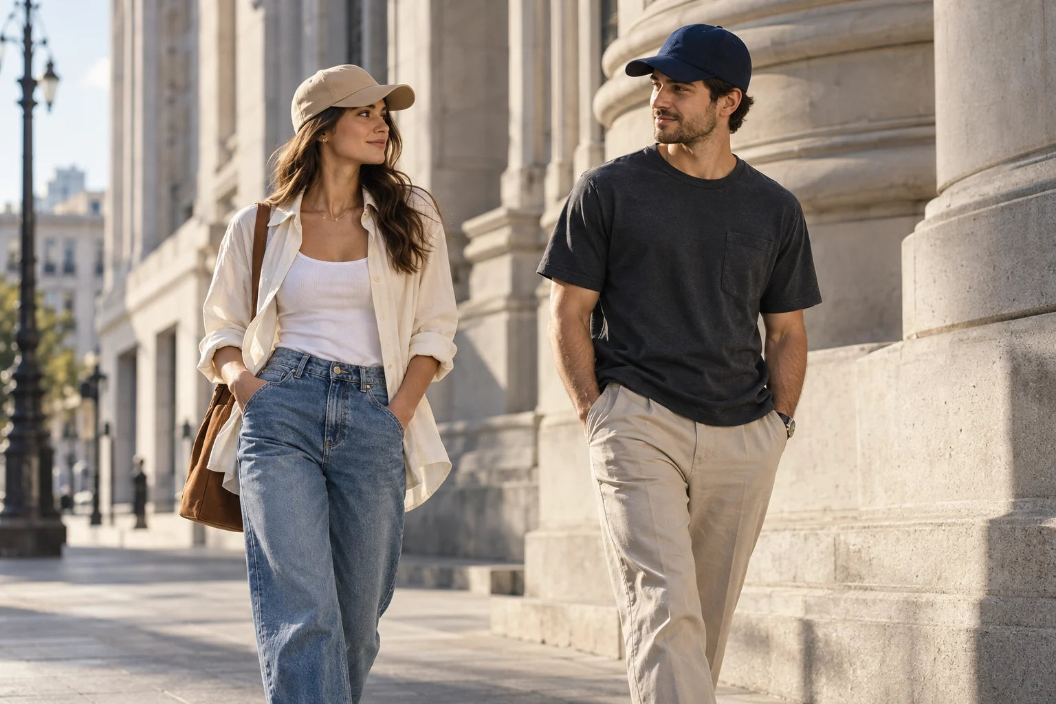 Editorial styling concept: two adults wearing plain stone and navy baseball caps with an ivory shirt, denim, a charcoal tee, and stone trousers.