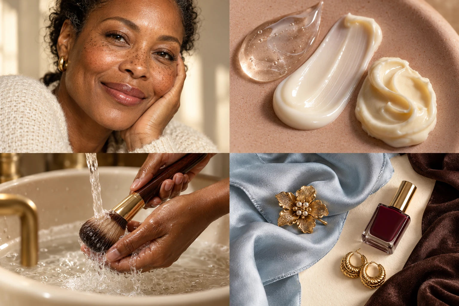 Three cosmetic textures on blush ceramic: clear gel, an ivory lotion smear and a thick cream swirl.