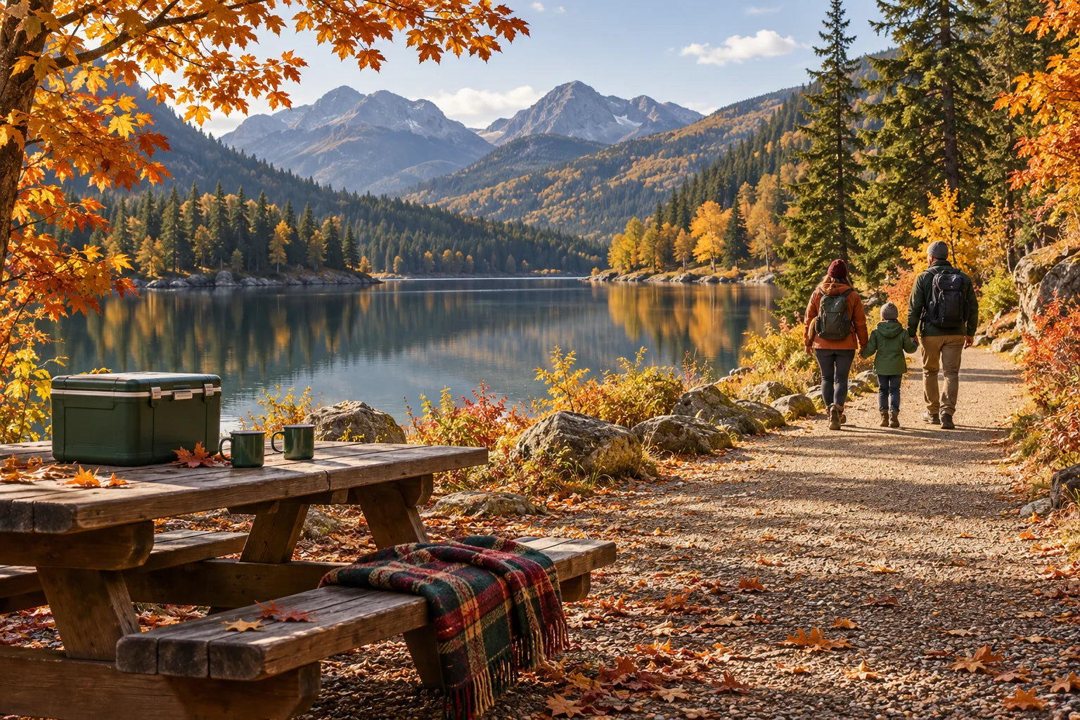 Illustrated autumn lakeside picnic with a cooler, blanket and a family walking on a broad trail.