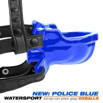 Blue OXBALLS Watersport funnel gag with its adjustable harness.