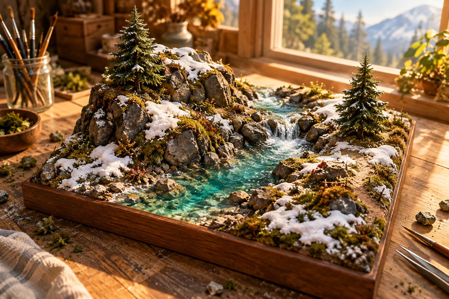 Illustrated miniature landscape with a stream, rocky banks and patchy snow on a workbench